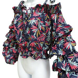 Tea & Cup Cotton Ruffled Smocked Crop Top Botanical Print Keyhole Tie Flamenco M